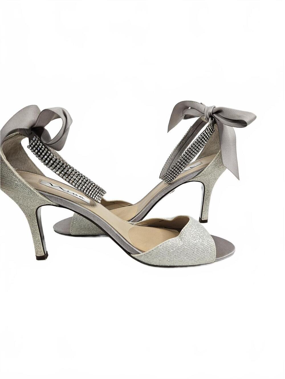 Nina New York Silver Open Toe Heels with Ankle Ribbon Tie Size 8M
